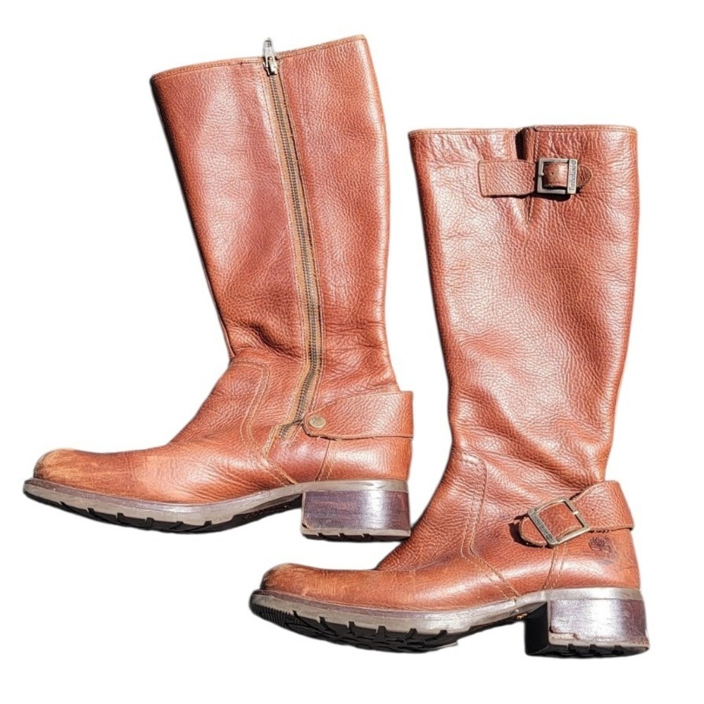Timberland Womens 8M Brown Leather Tall Riding Boots Buckle Zip 53380 Cognac